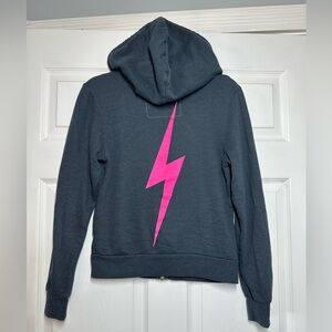 Aviator Nation Hoodie Gray Blue Full Zip Pockets Pink Lightning Bolt